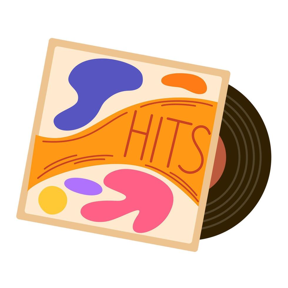 Retro vinyl album cover and LP disc. Old vintage music record on black disk of 60s. Oldschool nostalgic plastic vynil for gramophone. Flat illustration isolated on white background vector