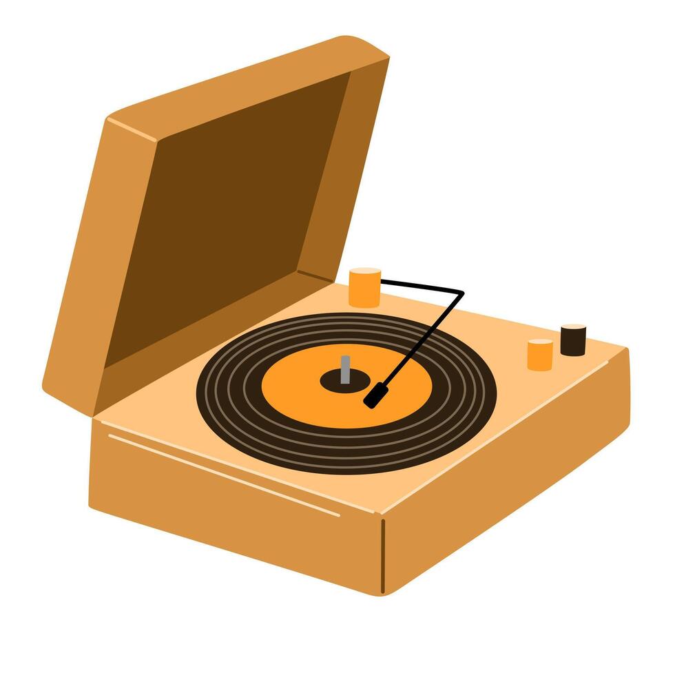 Portable turntable with vinyl playing. Retro music record player in suitcase of 50s. Old gramophone with analog grooved LP disc. Flat illustration of phonograph isolated on white background vector