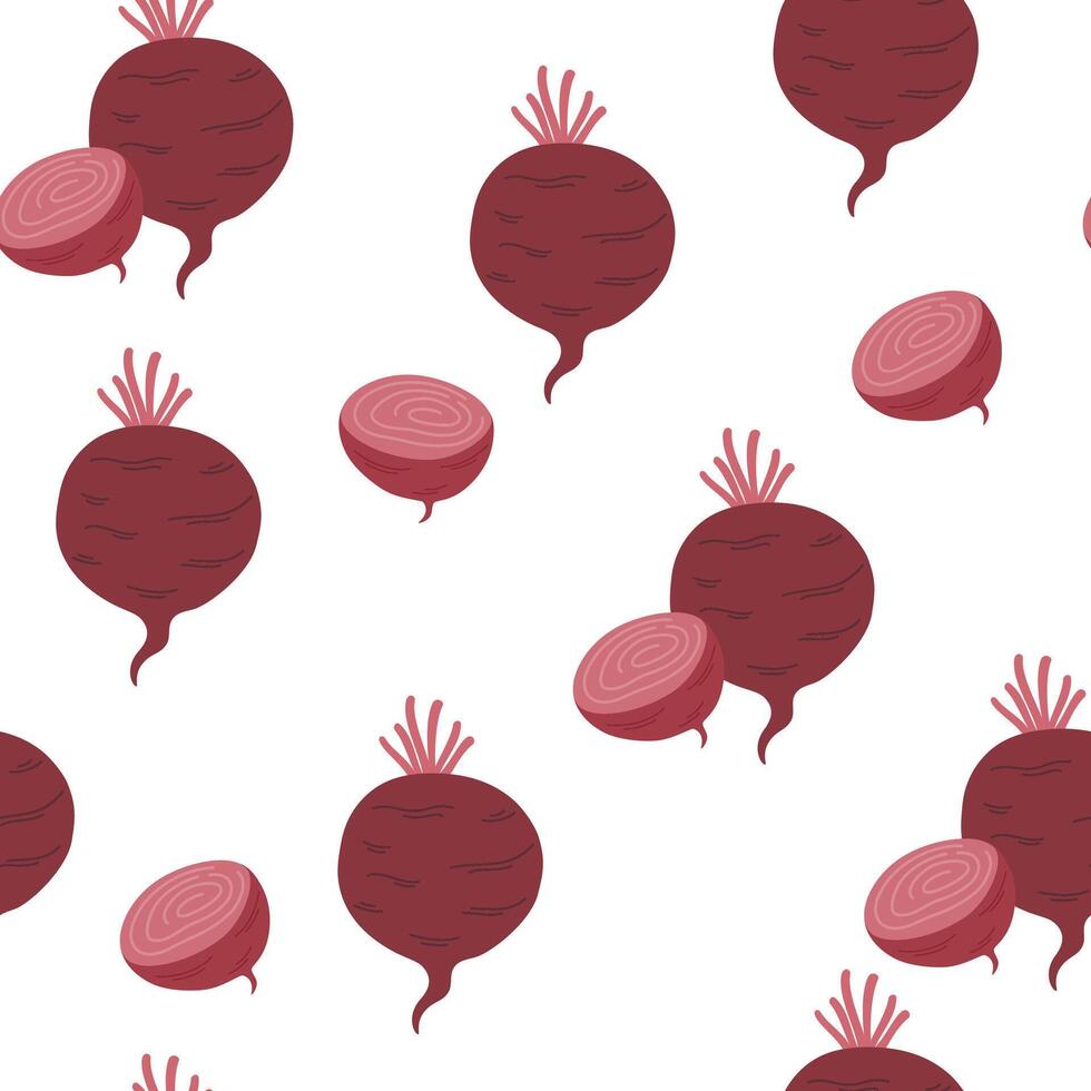 Beet, seamless pattern. Endless vegetable background. Natural food, vegetarian repeating print. Repeatable texture design. Flat illustration for textile, fabric, wrapping, wallpaper vector