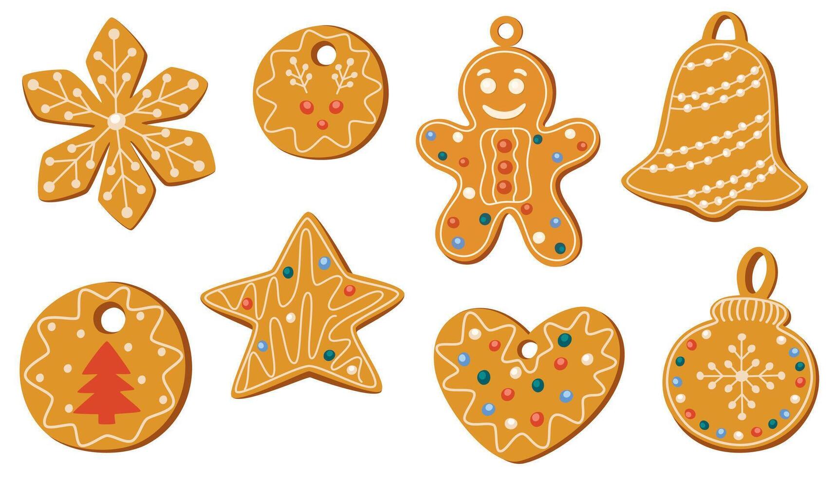 Christmas gingerbread, holiday cookies. Xmas ginger bread, biscuits coated with sugar icing, sweet glaze. Festive traditional bakery, dessert. Flat illustration isolated on white background vector