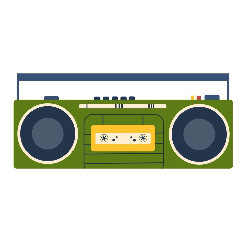 Retro tape recorder in 80s and 90s style. Cassette audio player with loudspeakers and handle. 1980s stereo boombox. Old-school equipment. Flat illustration isolated on white background vector