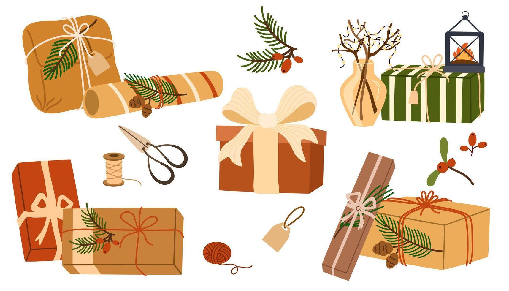 Holiday gift boxes set. Presents packages wrapped in festive paper wrapping with tied bow, ribbon, twine string, different shape, size. Flat illustrations isolated on white background vector