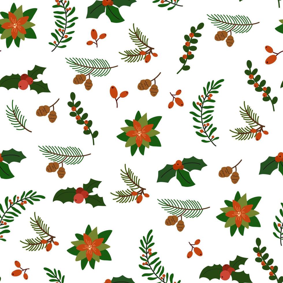 Traditional Xmas plants flat seamless pattern. Mistletoe, poinsettia, winterberry on white background. Christmas flowers, branches, berries backdrop. Wallpaper, textile, wrapping paper design. vector