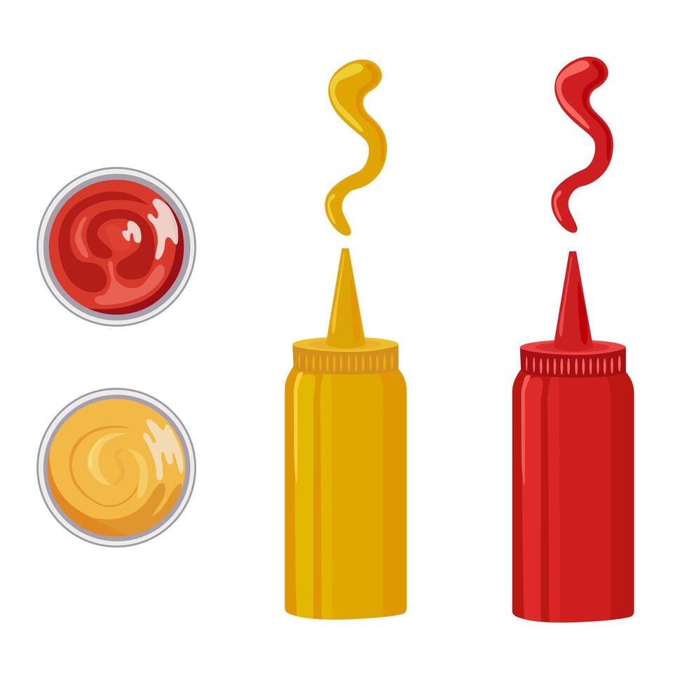 sauces for fast food on a white background. Yellow and red bottle. A bottle of mustard and ketchup. Ceramic sauce pan with sauces vector