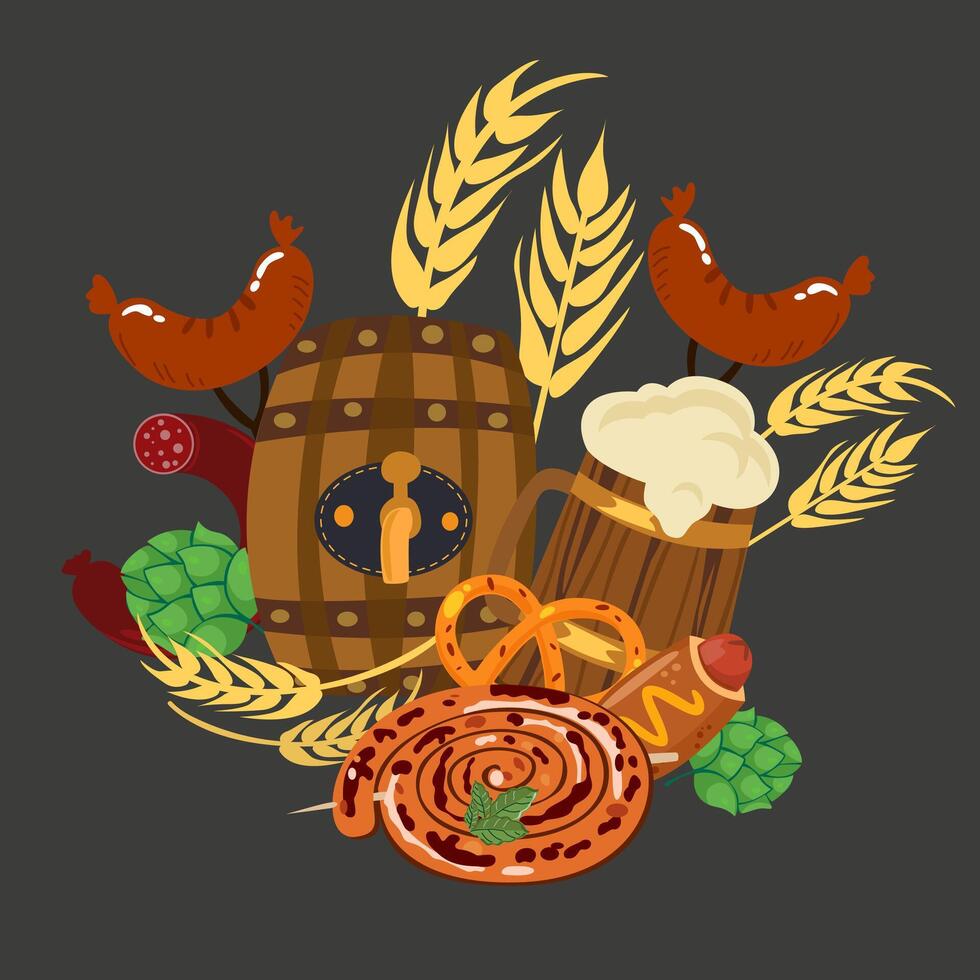 oktoberfest beer festival. Food and drink poster. Trendy art for pub, bar, holiday party advertising. Wooden beer barrel and beer mug, snacks, sausages and wheat on a black background vector