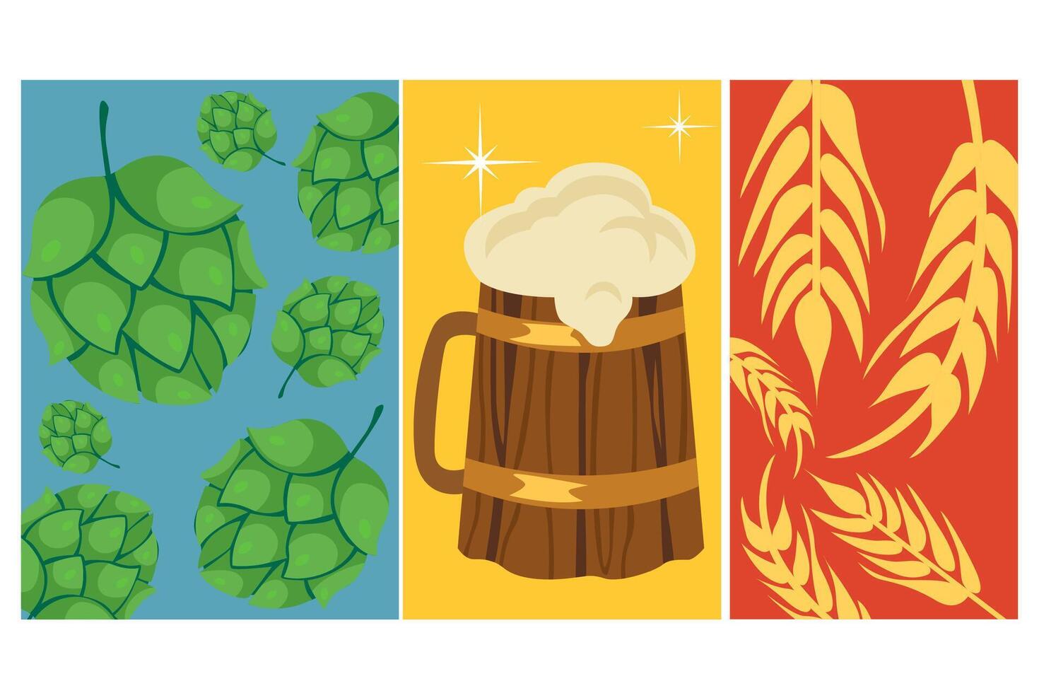 flat beer festival poster. Wooden mug with beer, hops, wheat and street food. Trendy art for pub, bar, holiday party advertising vector