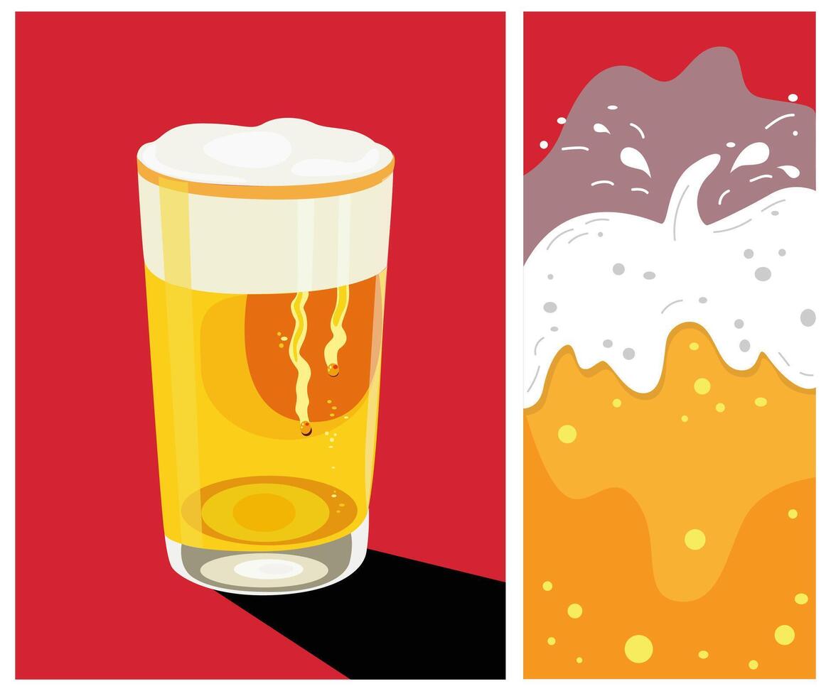Beer advertisement design. Oktoberfest festival. A glass of cold beer and splash. Retro beer poster on a red background. Trendy retro art for pub and bar vector