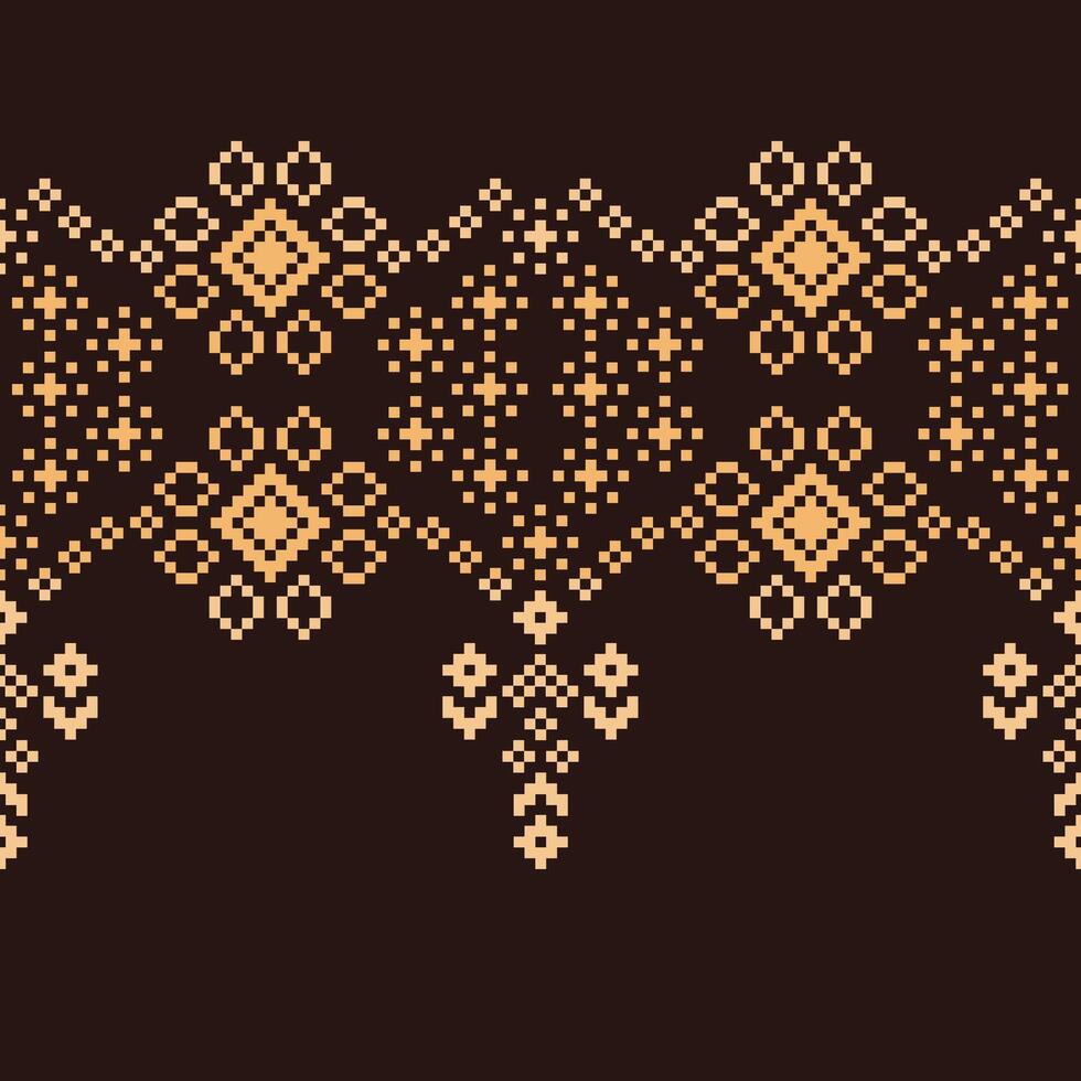 Traditional black ethnic motifs ikat geometric fabric pattern cross stitch.Ikat embroidery Ethnic oriental Pixel brown background.Abstract,illustration. Texture,decoration,wallpaper. vector