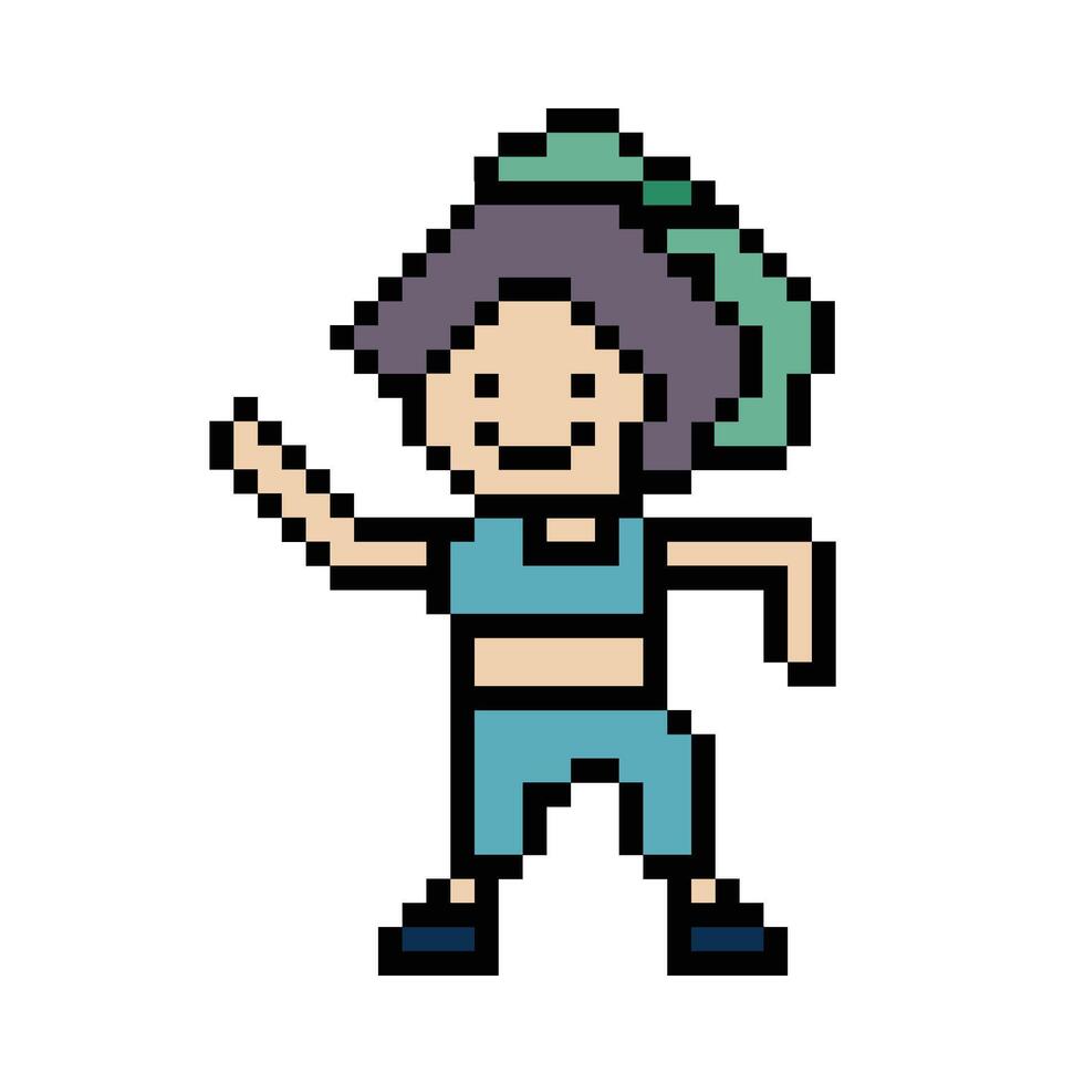 Cute pixel cartoon 8bit woman exercises training dance lifestyle music decoration life style 8 bit female girl dance with music game fitness isolated. vector