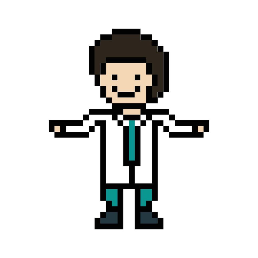 Cute pixel cartoon 8bit character man doctor or scientist game care for decoration pharmacist male doctor in hospital 8 bit male pixel art. vector