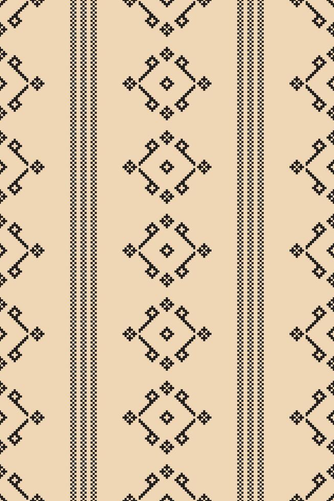 Traditional ethnic motifs ikat geometric fabric pattern cross stitch.Ikat embroidery Ethnic oriental Pixel brown cream label background. Abstract,illustration. Texture,decoration,wallpaper. vector
