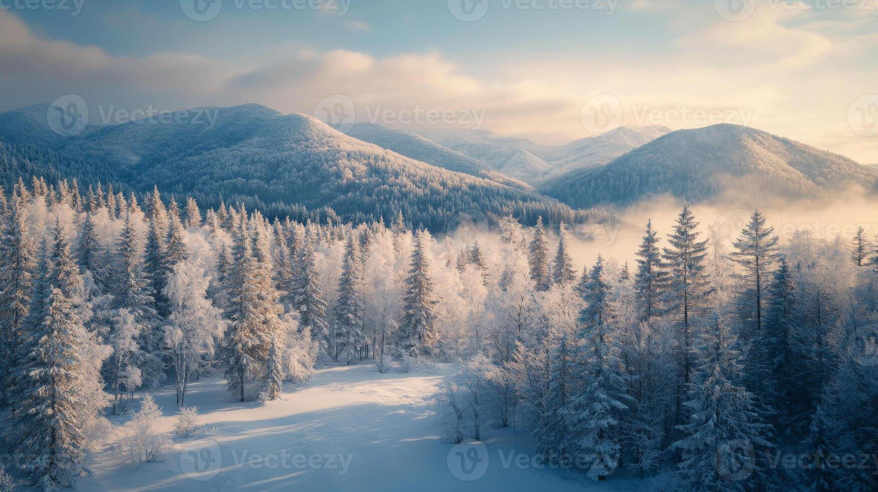 Serene Winter Sunrise Over Frosty Forest and Snowy Mountains photo