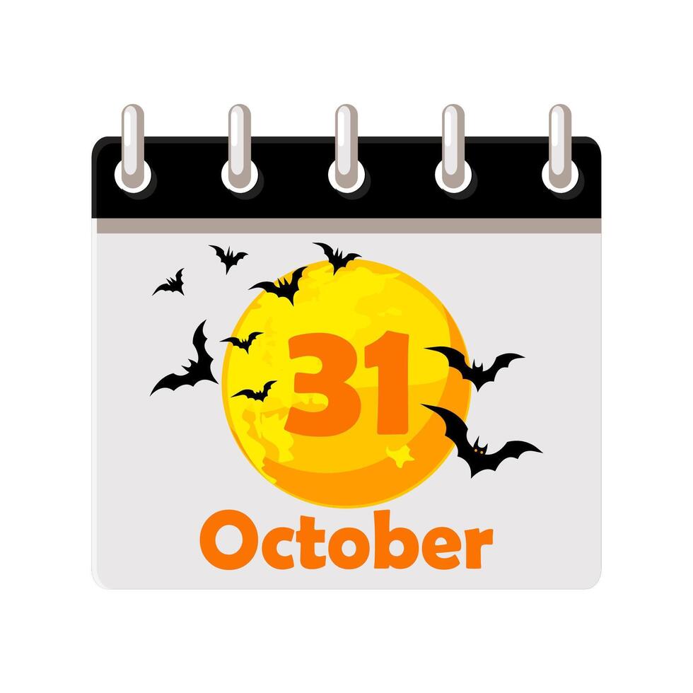 Calendar of Halloween date. 31 October - Happy Halloween Day. Cartoon moon with black bats. Illustration for page of calendar or your print, greeting card vector