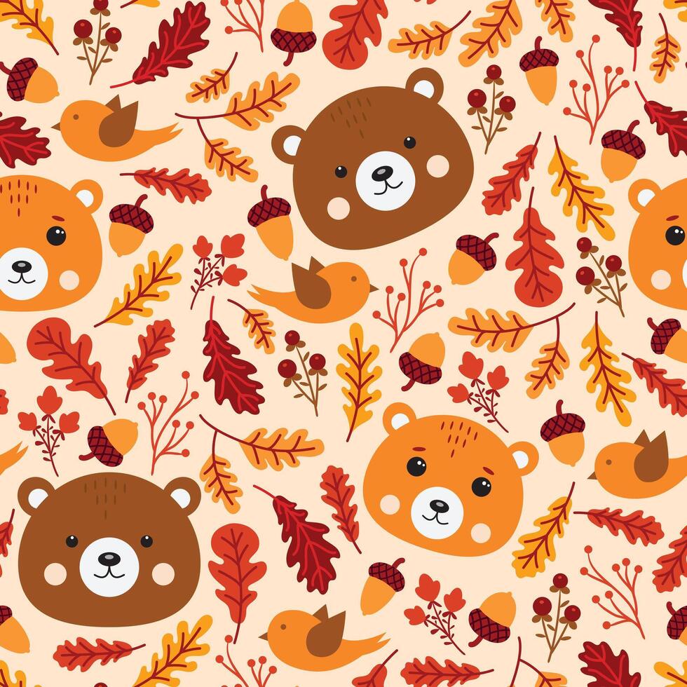 A pattern with bear faces and autumn leaves vector