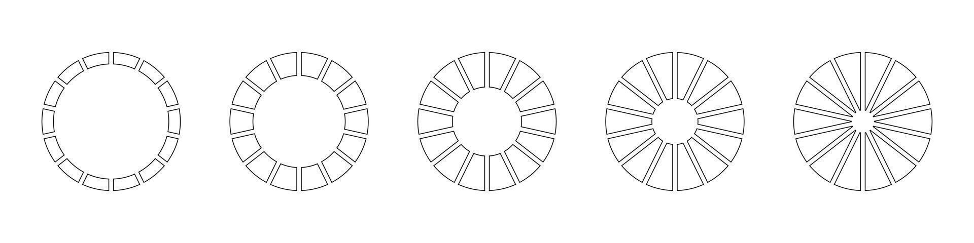 Wheel round divided, 14 sections. Outline donut chart, pies segmented, fourteen equal parts. Diagrams infographic set. Circle section graph line art. Pizza chart simple icon. Coaching tool. vector