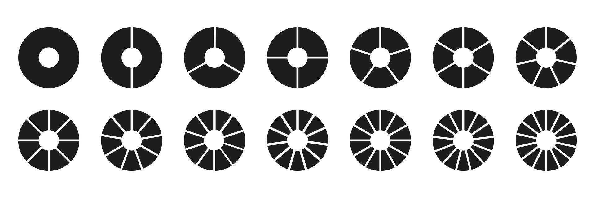 Circle division 1, 2, 3, 4, 5, 6, 7, 8, 9, 10, 11, 12, 13, 14 equal parts. Round divided diagrams segments. Infographic set. Coaching blank. Pie chart. Lifestyle balance. Wheel life template. vector