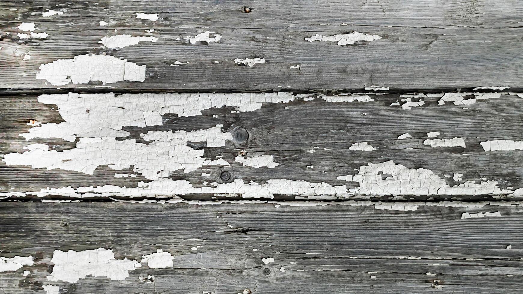 Wooden boards white with gray with old peeling paint, horizontal in full frame top view. Background texture photo