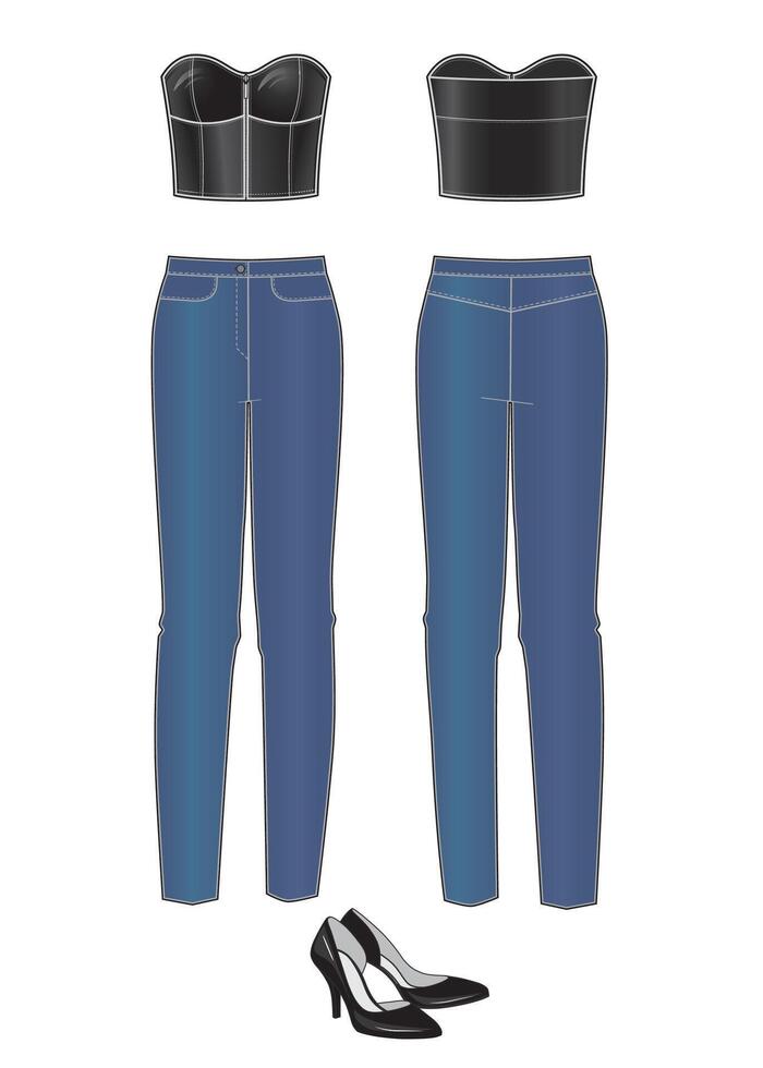 Fashion sketch of a jeans pants and leather top set. vector