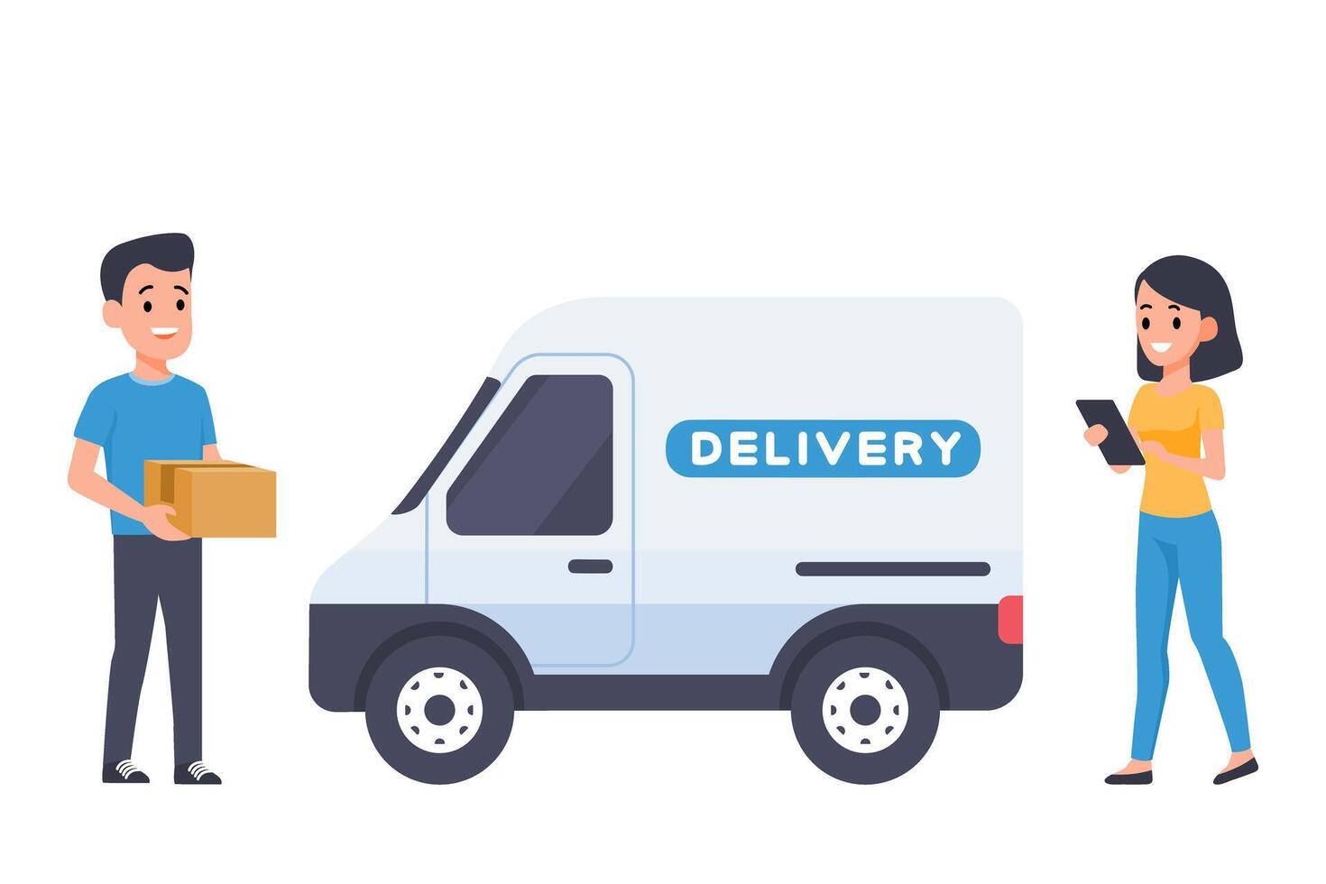 a man and woman are standing next to a delivery truck vector
