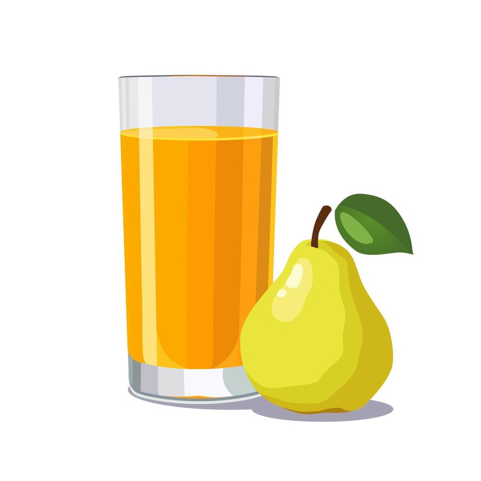 Full glass of yellow freshly and healthy squeezed pear juice isolated on white background. illustration in flat style with dietary drink. Summer clipart for card, banner, flyer, poster design vector