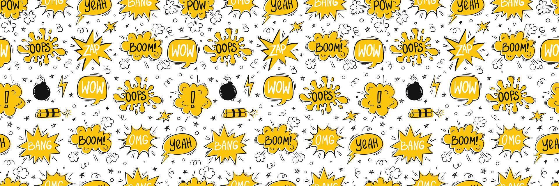 Comics bombs and explosions in doodle style, seamless pattern. Speech bubbles with words pow, wow, bang and omg vector