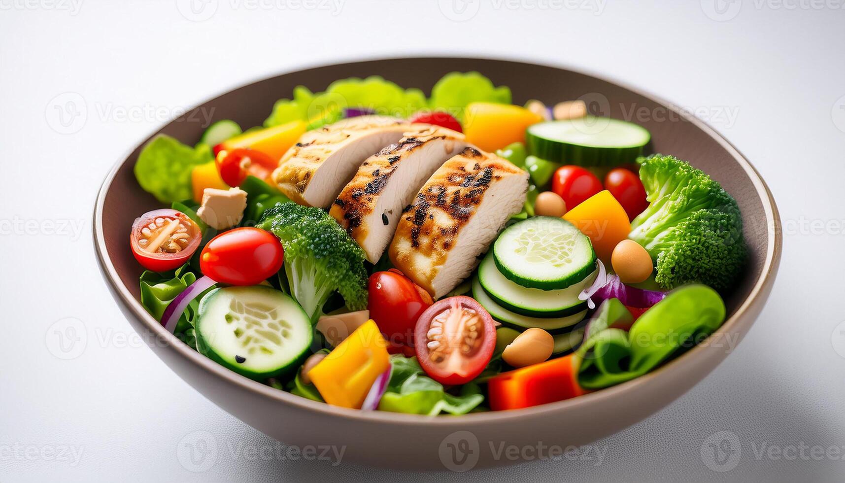 salad bowl with colorfull of fresh vegetables and a protein source, such as grilled chicken or tofu. photo