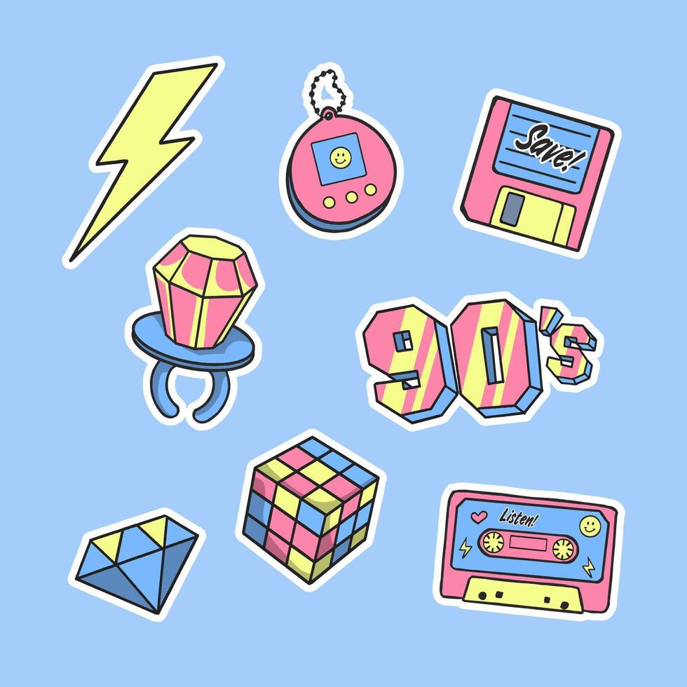 colorful 90s sticker set vector