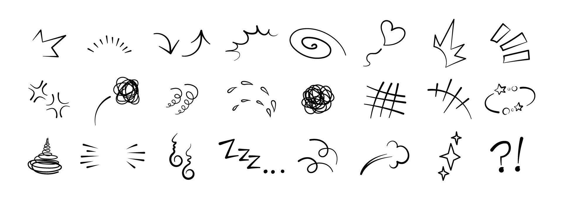 Anime comic emoticon element graphic effects hand drawn doodle illustration set isolated on white background. Cartoon style manga doodle line expression scribble anime mark collection. vector