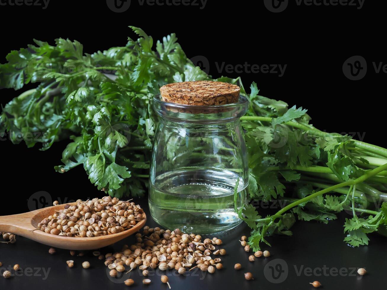 Cold-pressed coriander oil has properties in helping the digestive system, as a facial lotion, as a massage for relaxing muscles after exercise. Healthy concept. photo