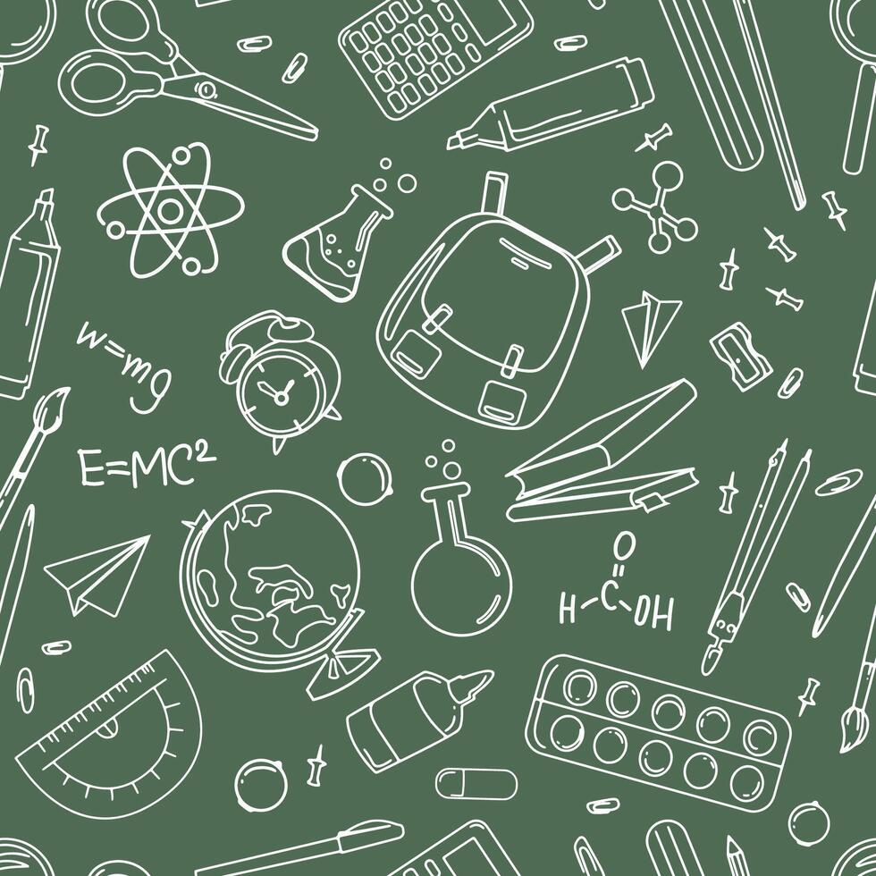 School seamless pattern line art doodle style on green chalk board. School supplies elements hand drawing style seamless background for wrapping paper, paper wallpaper, textile. illustration vector
