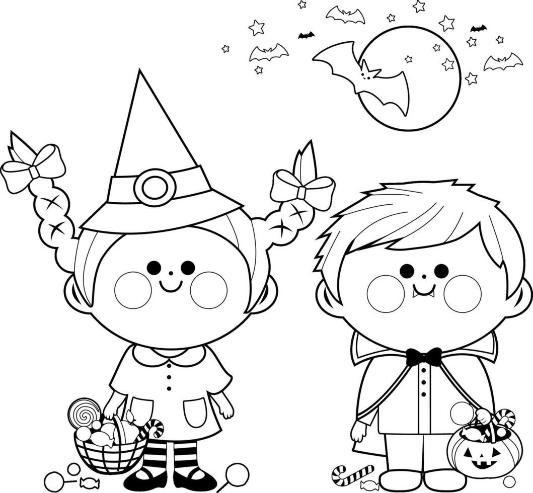 Happy children, girl and a boy in Halloween costumes, playing trick or treat. Witch costume girl and vampire costume boy at a Halloween party with sweets. Black and white coloring page. vector