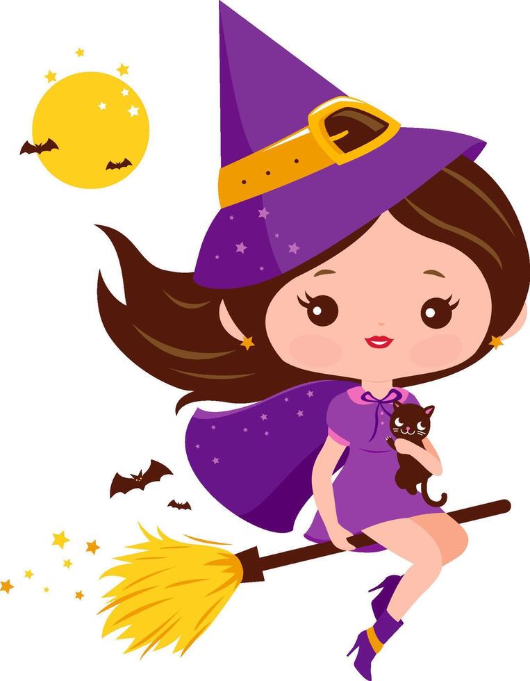Beautiful Halloween witch with magical broom flying in the night sky. Cute cartoon trick or treat girl with spooky witch costume for Halloween party. vector