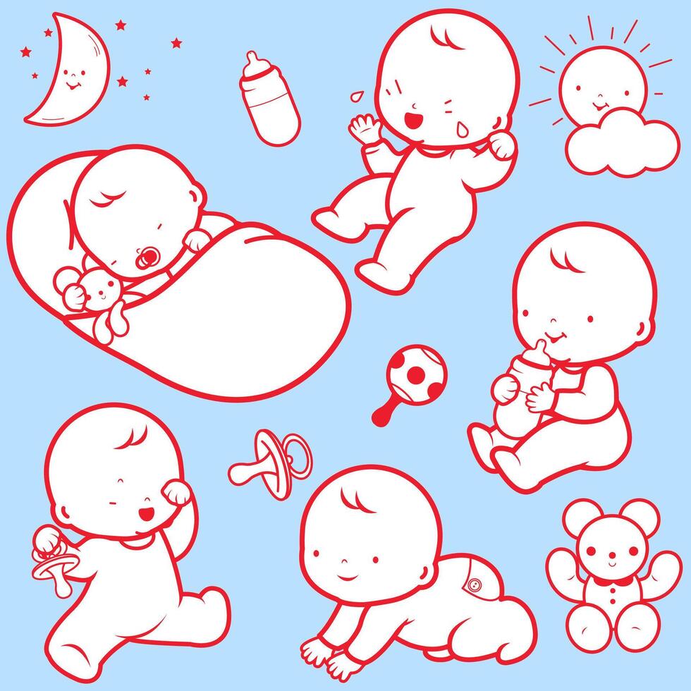Cute babies. Happy baby sleeping, drinking milk, playing. Toddler baby girl and boy. vector