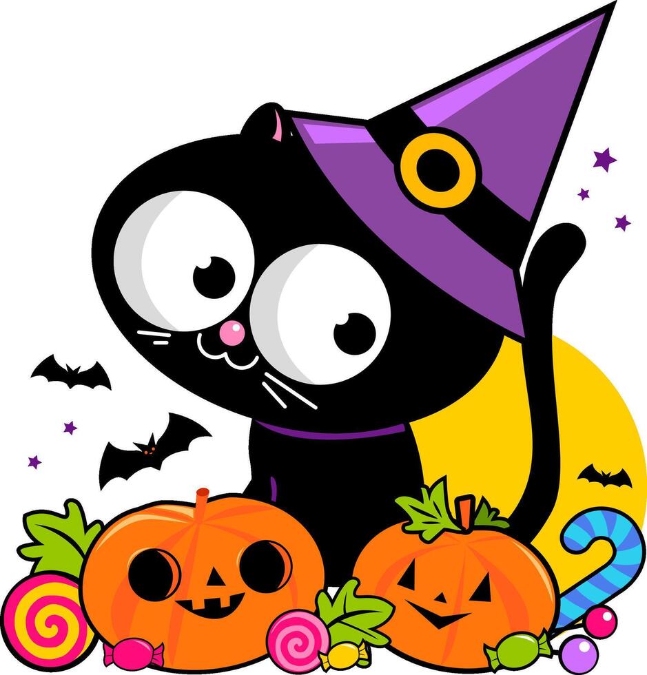Halloween black cat with witch hat, pumpkins and candy. Trick or treat kitten with sweets, bats and carved jack o lantern pumpkins. vector
