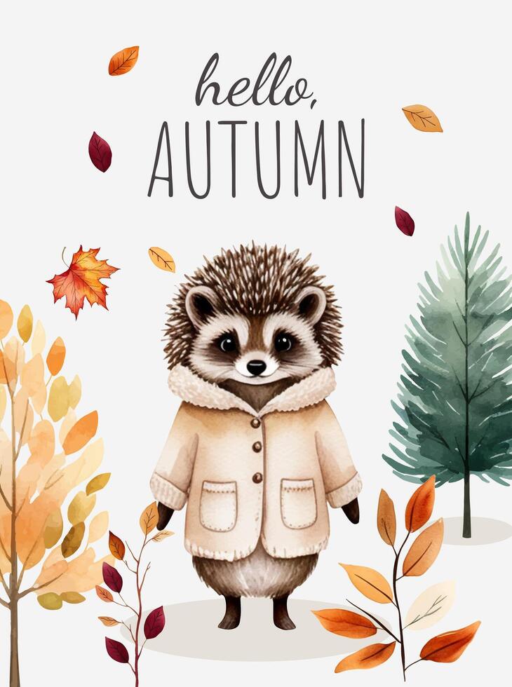 Poster with cute hedgehog and gold leaves. Autumn background, banner, flyer design. Autumnal template vector