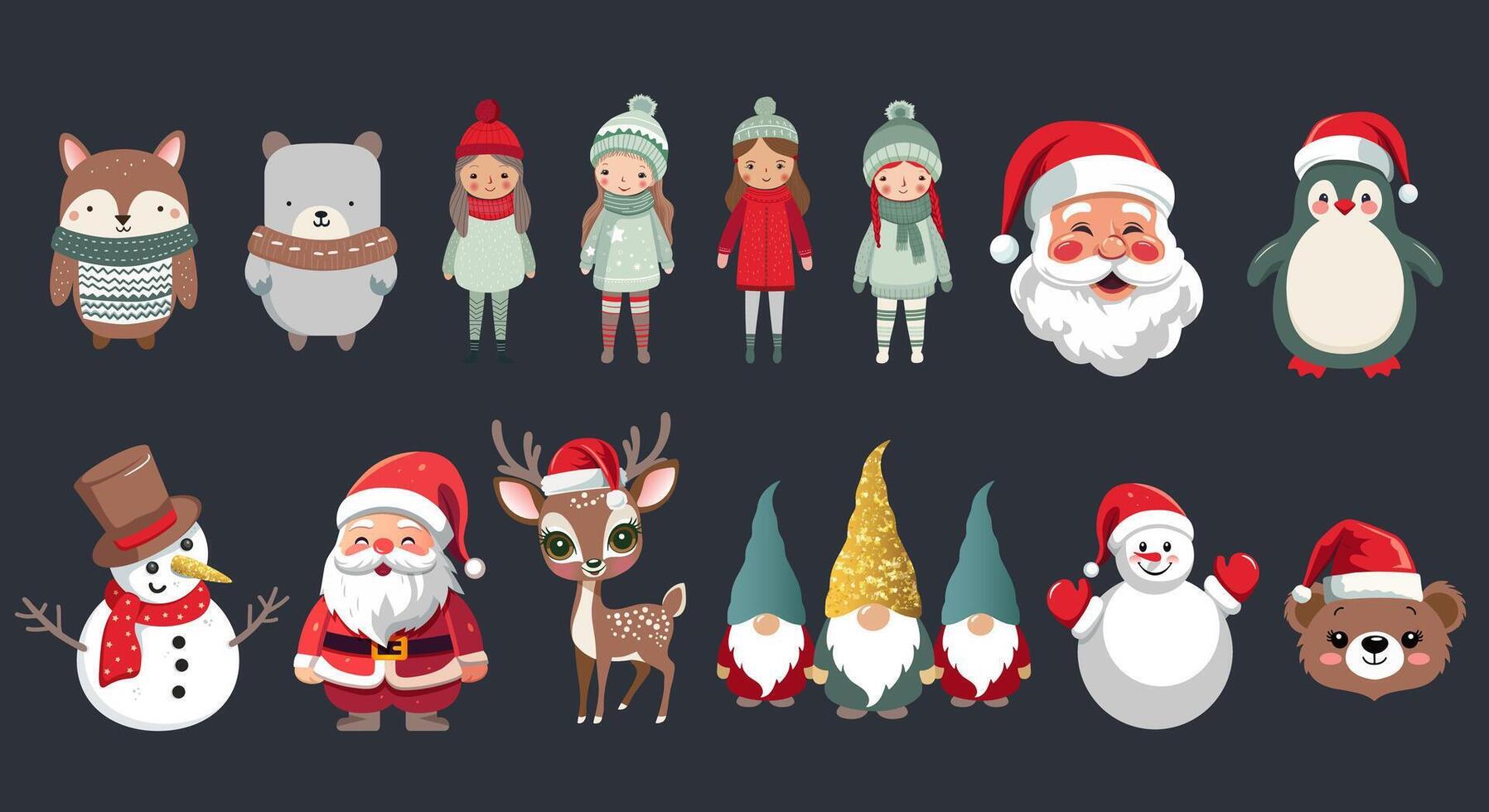 Winter characters set. Merry Christmas set with Santa, winter animals in hats, gnomes. For banner, card, package. vector