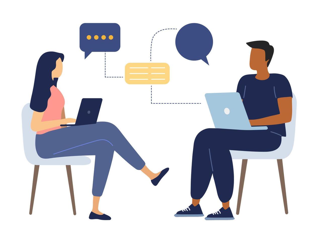 Man and woman work together and discuss their tasks in front of their computers. Communication. Flat style illustration vector