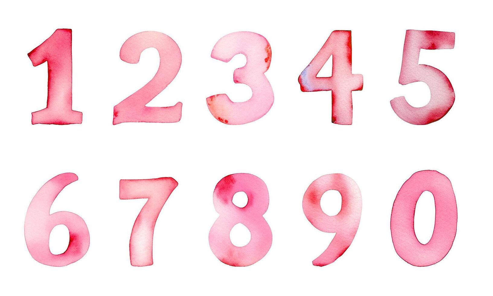 Set of colorful watercolor numbers. Hand painted pink watercolor numbers. Numbers 0-9. vector