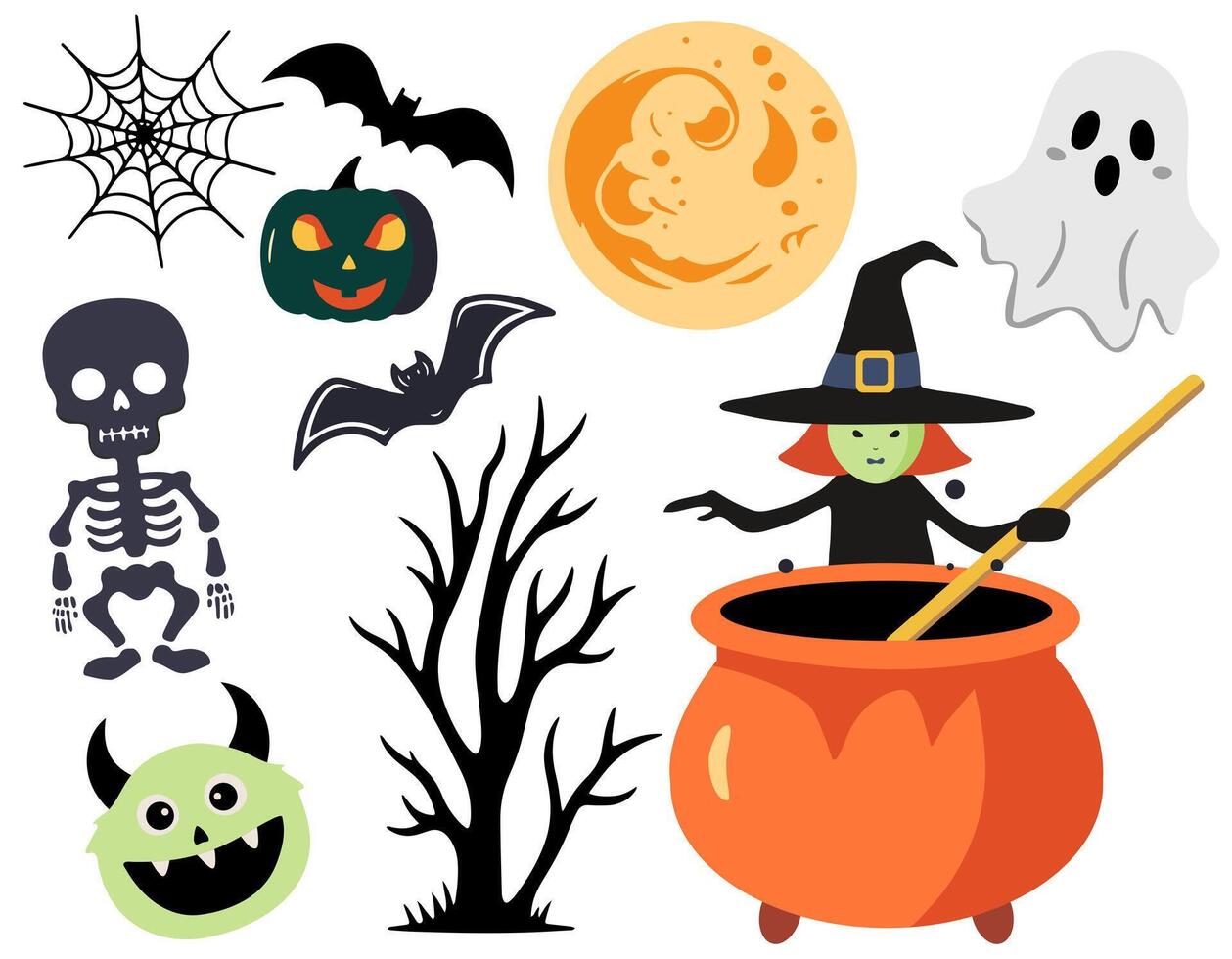 Halloween set witch, pumpkin, ghost, skeleton. Characters and elements for halloween in cartoon style. vector