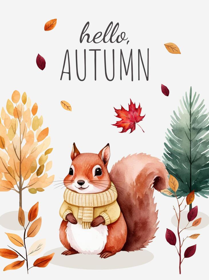 Poster with cute squirrel and gold leaves. Autumn background, banner, flyer design. Autumnal template vector