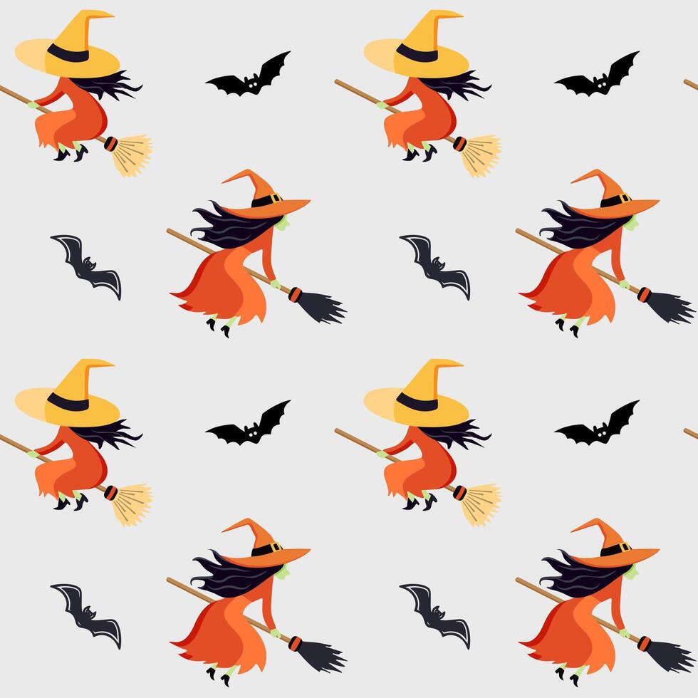 Halloween pattern with witch on a broom. Halloween background, seamless pattern. Orange witch flying on broom vector