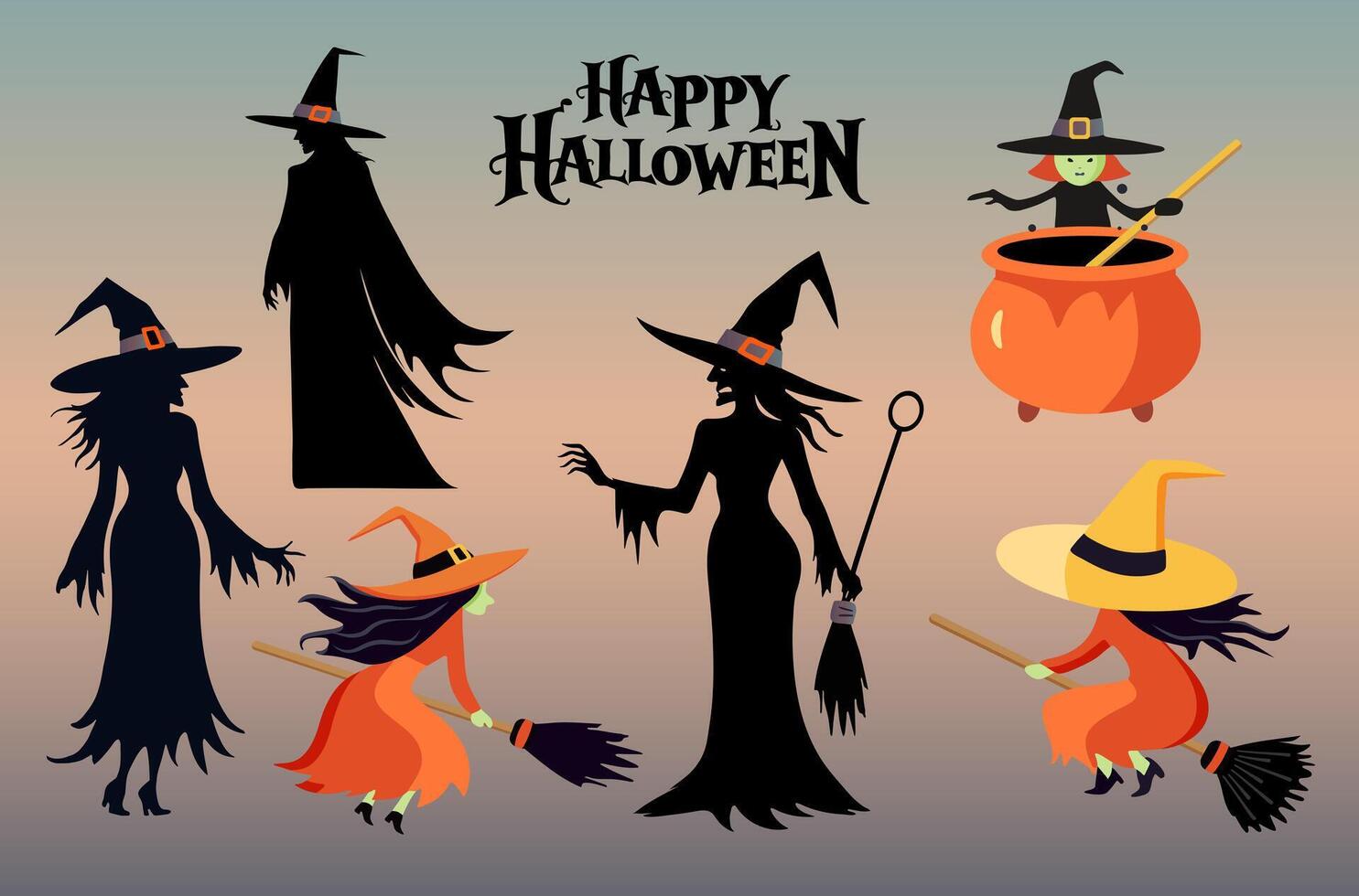 set of witches. Silhouette of a witch, cartoon witch. Witchcraft. Witch on a broom. Halloween concept vector