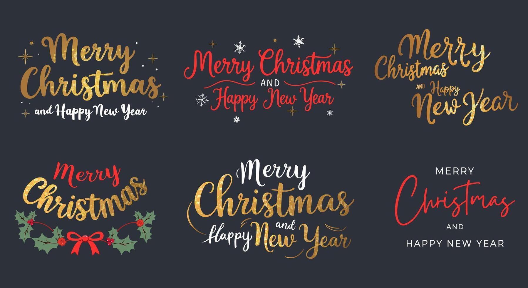Christmas lettering designs set. Merry christmas new year gold typographic emblems with glitter. For banner, card, package. vector