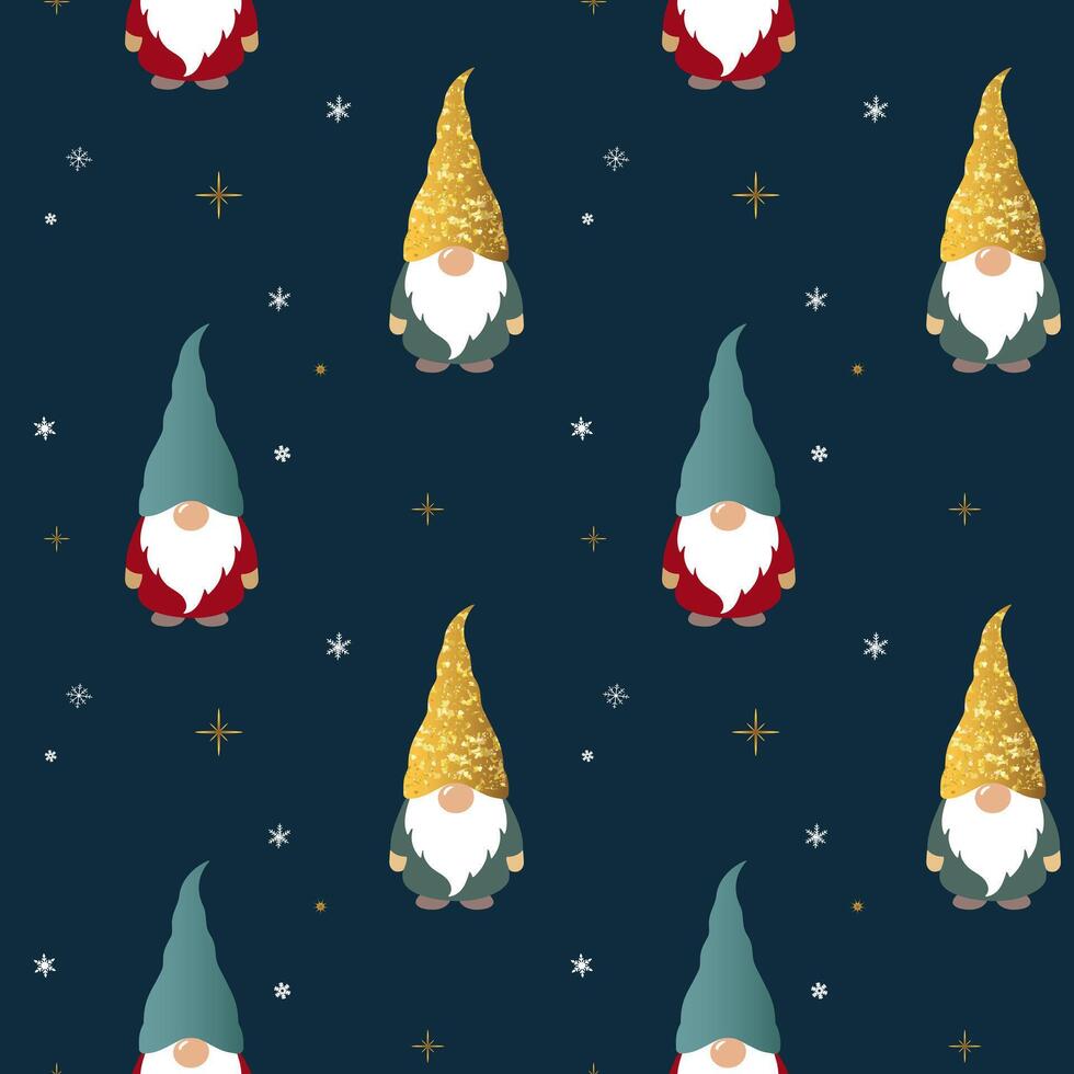 Winter seamless pattern with cute gnomes in golden hats. Christmas backgrounds. New year decoration. Cartoon xmas pattern. vector