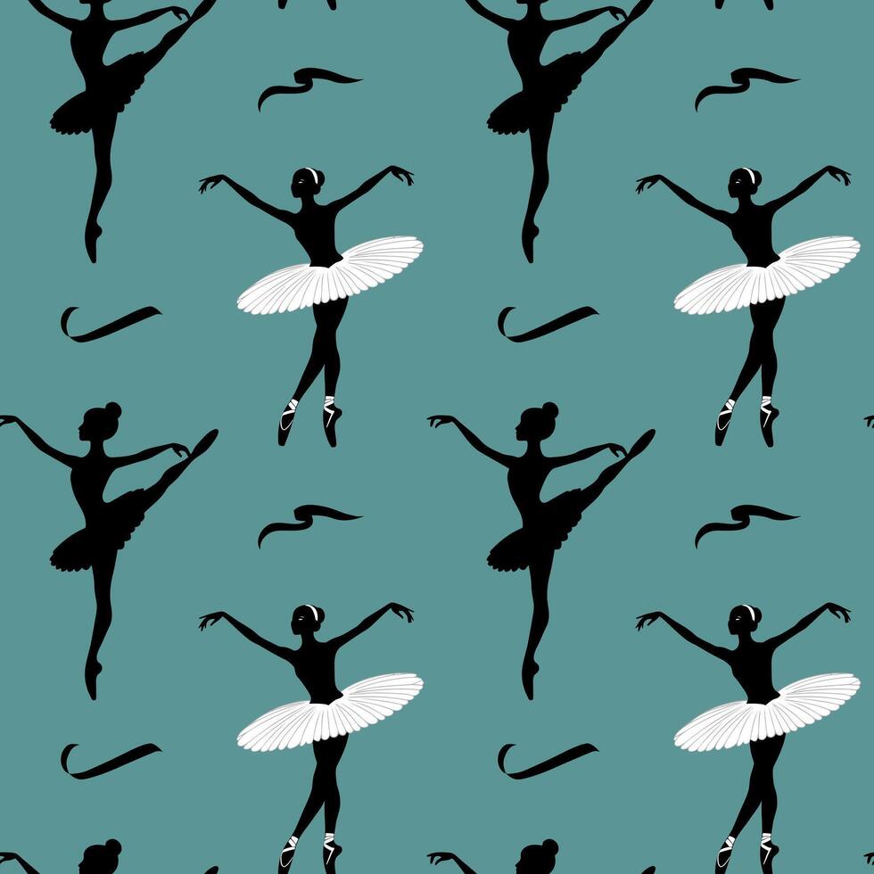Seamless pattern with silhouettes of ballerinas on a turquoise background. Ballerinas in a tutu. Dance background. Ballet dancing vector