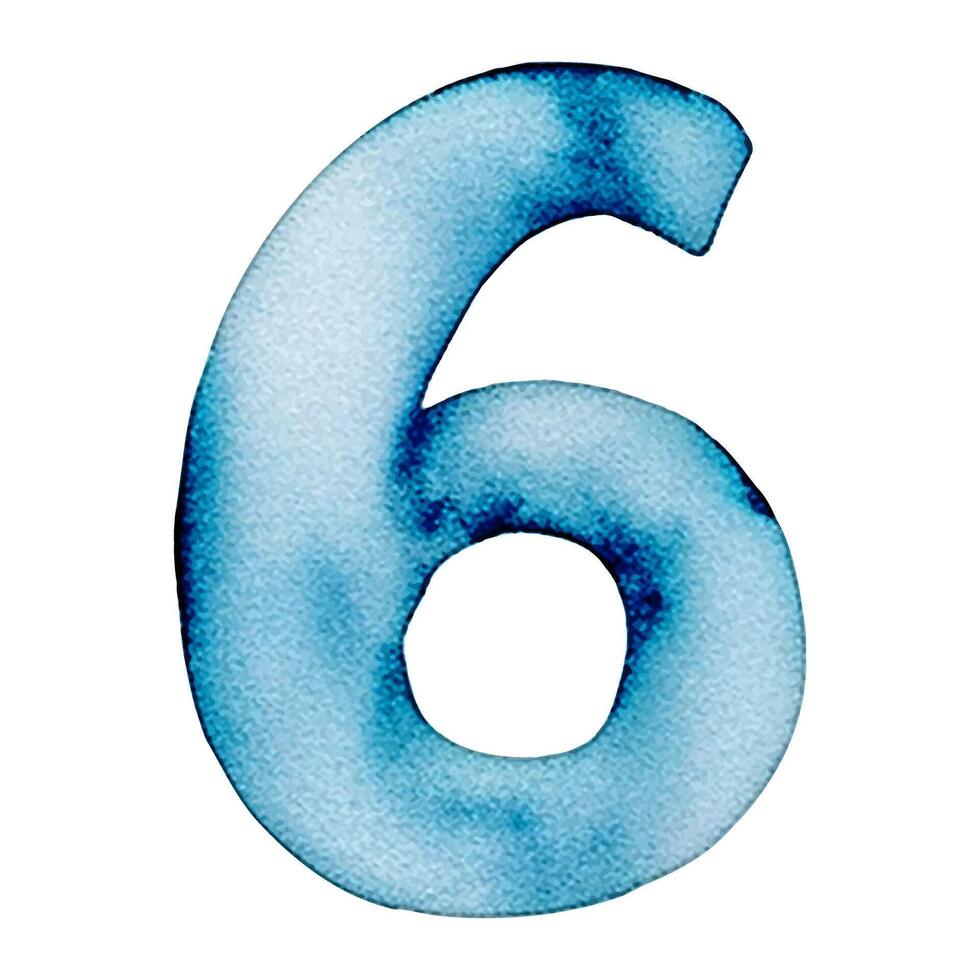 Hand drawn watercolor number 6. Blue painting of the number six isolated on a white background. vector