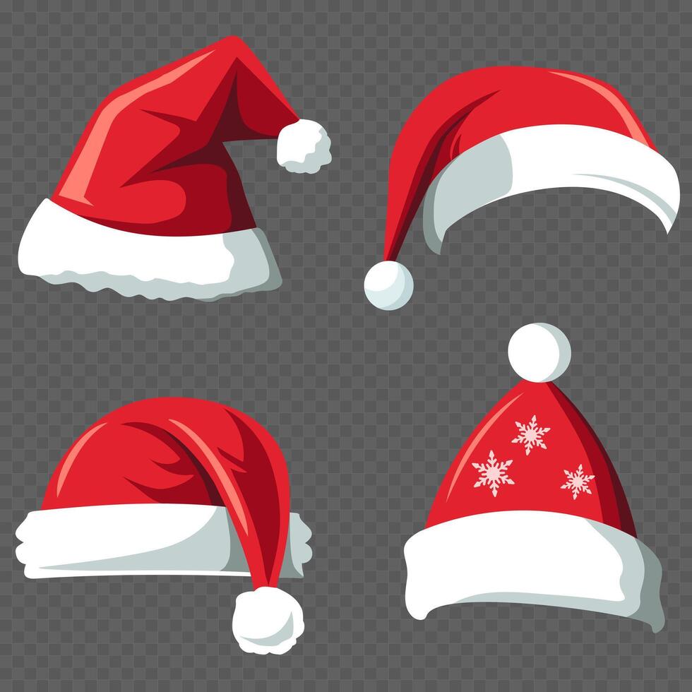 Realistic santa claus hat colllection, holiday cap to xmas illustration. New Year hats. Set of Santa Claus hats. vector
