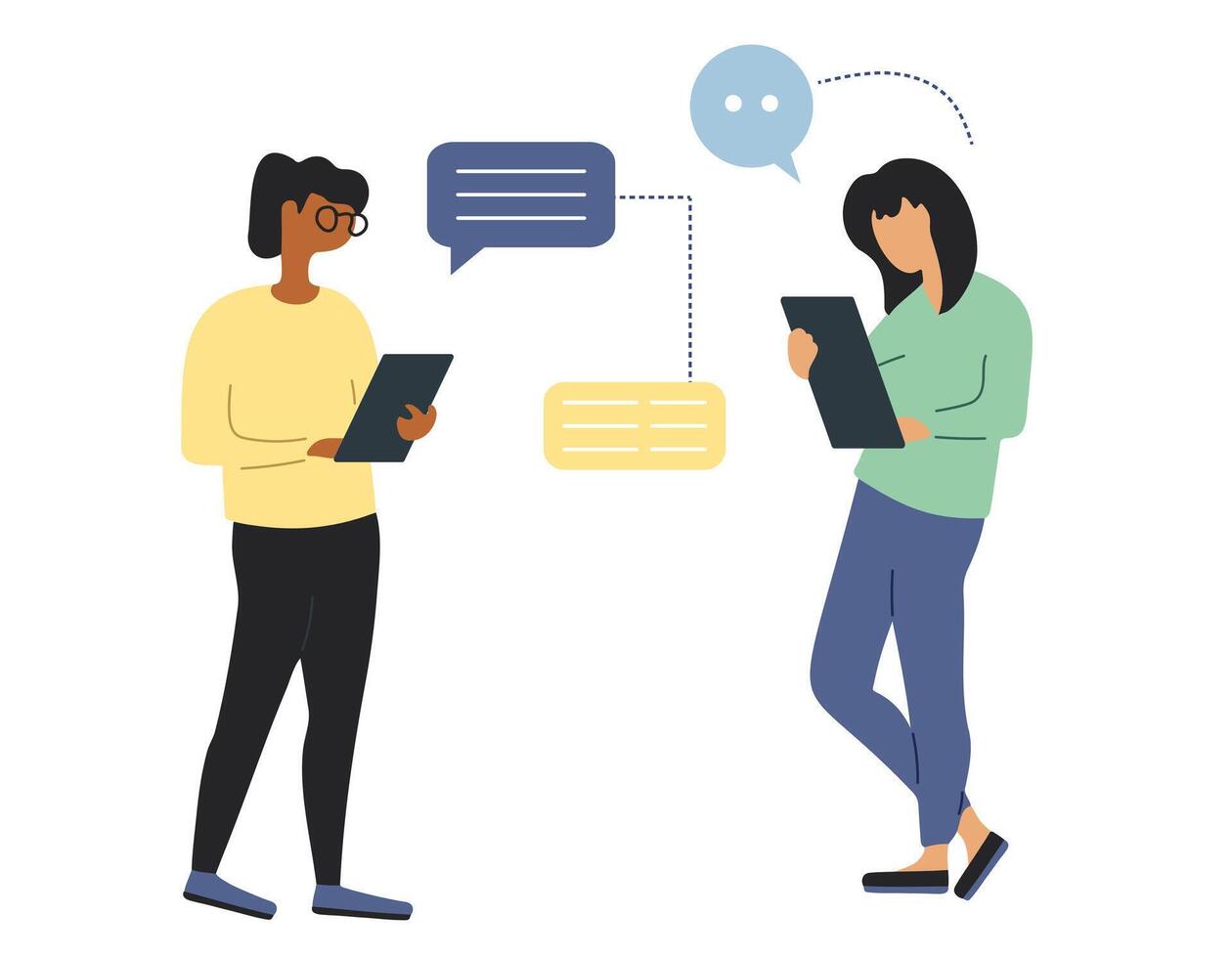 Two girls work together and discuss their tasks in front of their gadgets. Flat style illustration. Business people. vector
