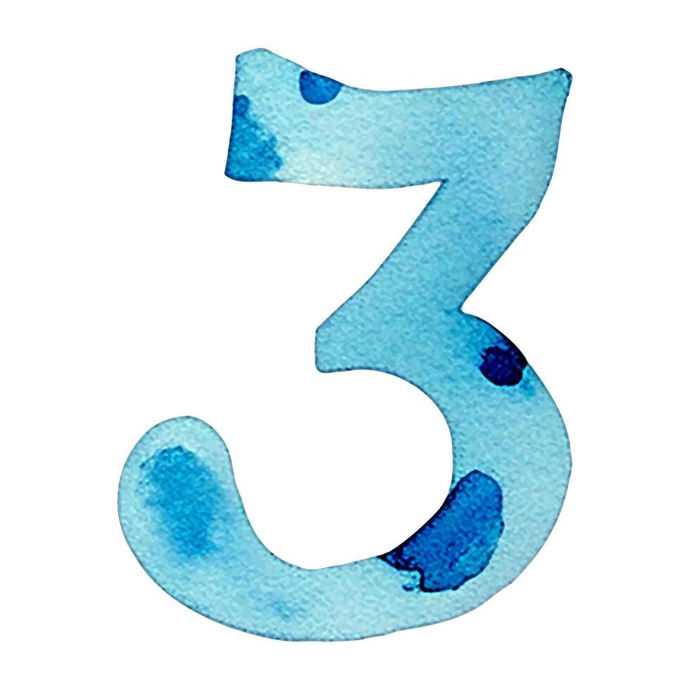 Hand drawn watercolor number 3. Blue painting of the number three isolated on a white background. vector