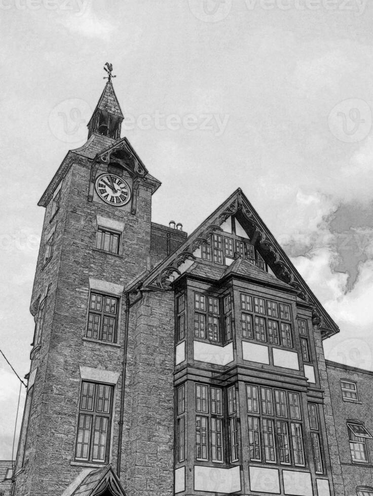 House with a clock tower, Irish architecture. Pencil drawn sketch illustration photo